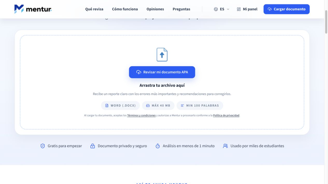 Área para cargar un documento de Word en Mentur, con el botón Revisar mi documento APA y los requisitos del archivo.