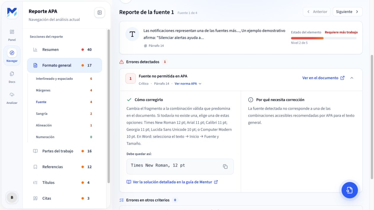 Detalle de una observación de Mentur con la corrección recomendada, el motivo y los enlaces de ayuda.