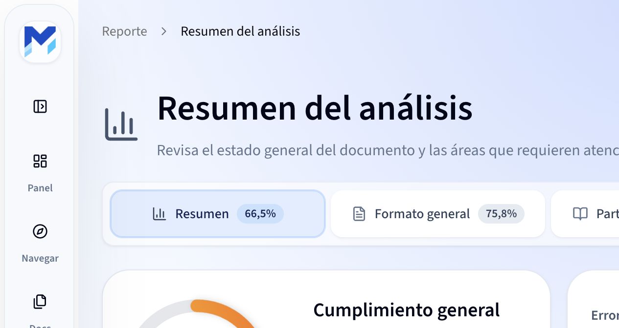 Resumen de un reporte de Mentur con la puntuación general y las pestañas de cada área de revisión.
