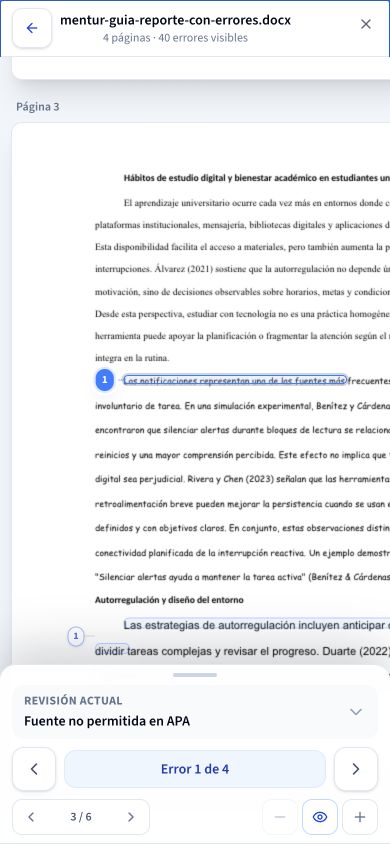 Visor de documentos de Mentur en un teléfono, con la página y la franja Revisión actual en la parte inferior.