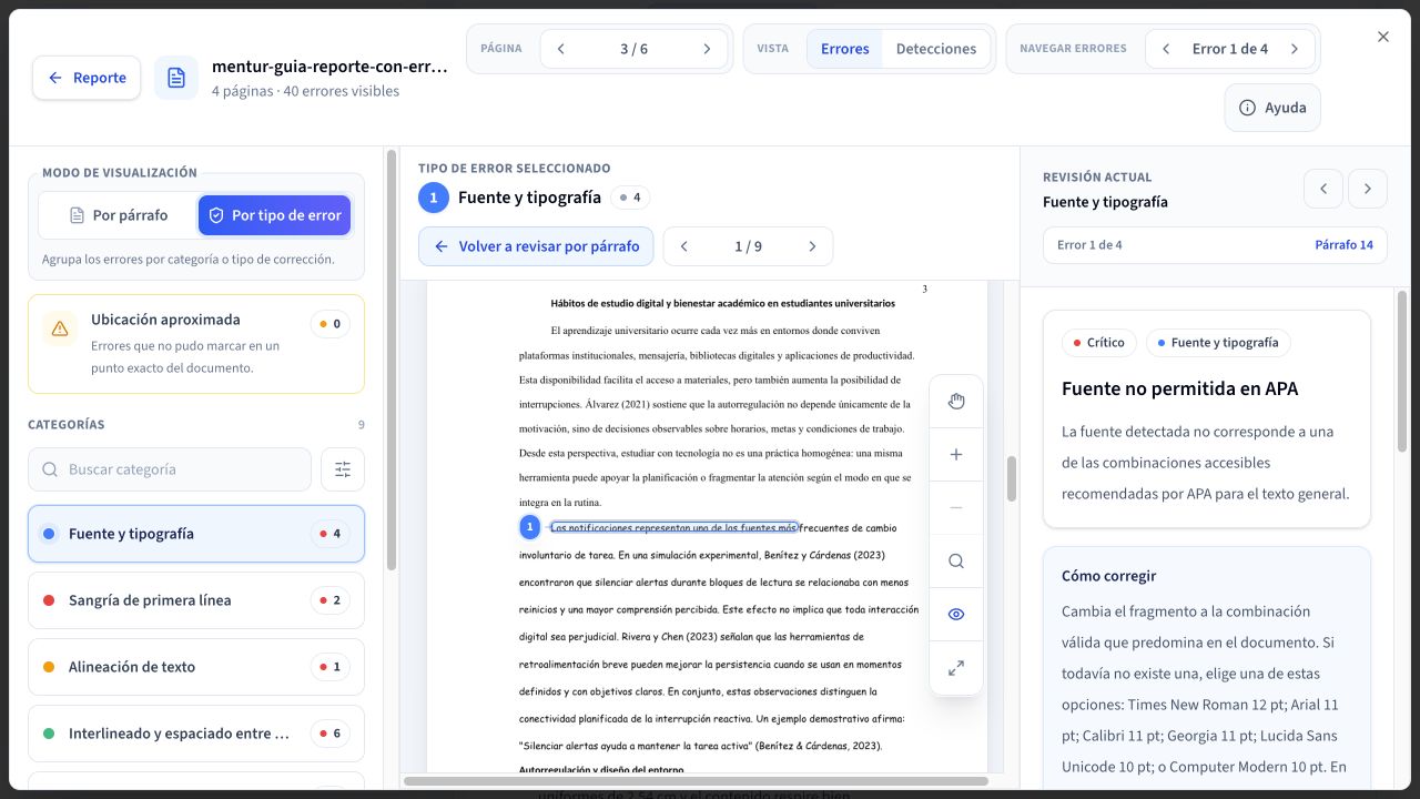 Visor de Mentur en el modo Por tipo de error, con las categorías a la izquierda y la revisión actual a la derecha.