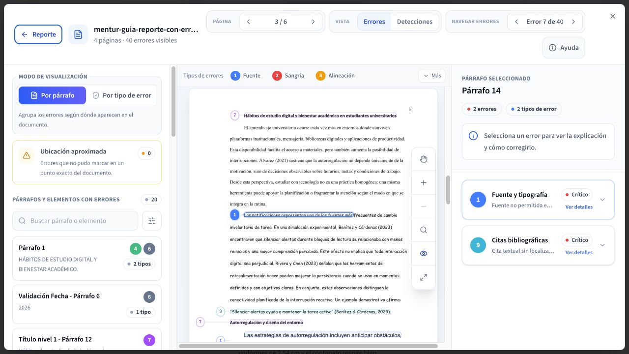 Visor de documentos de Mentur con la lista de párrafos, la página del documento y el panel de observaciones.